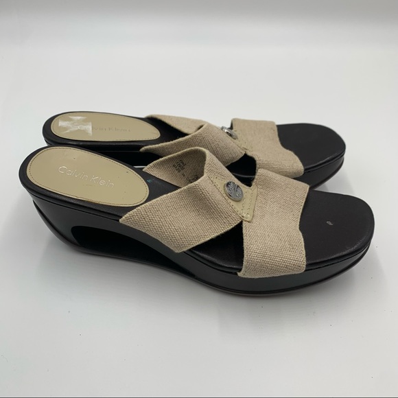 ❤️ Calvin Klein Tan "Marjory" Heel Platform Peep Toe Sandals Size 7.5M - Picture 5 of 9